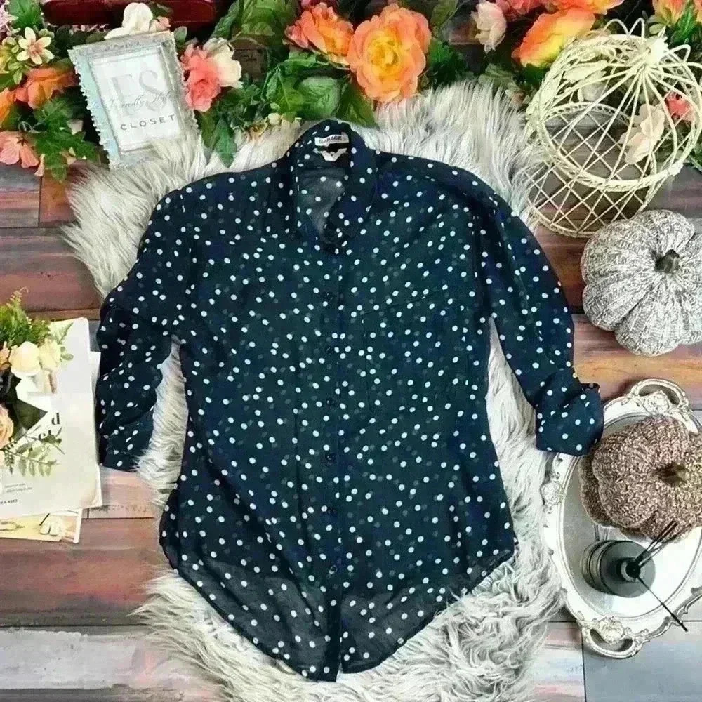 Garage Blue and White Small Polka-Dot Polo Button-Up Blouse, SP